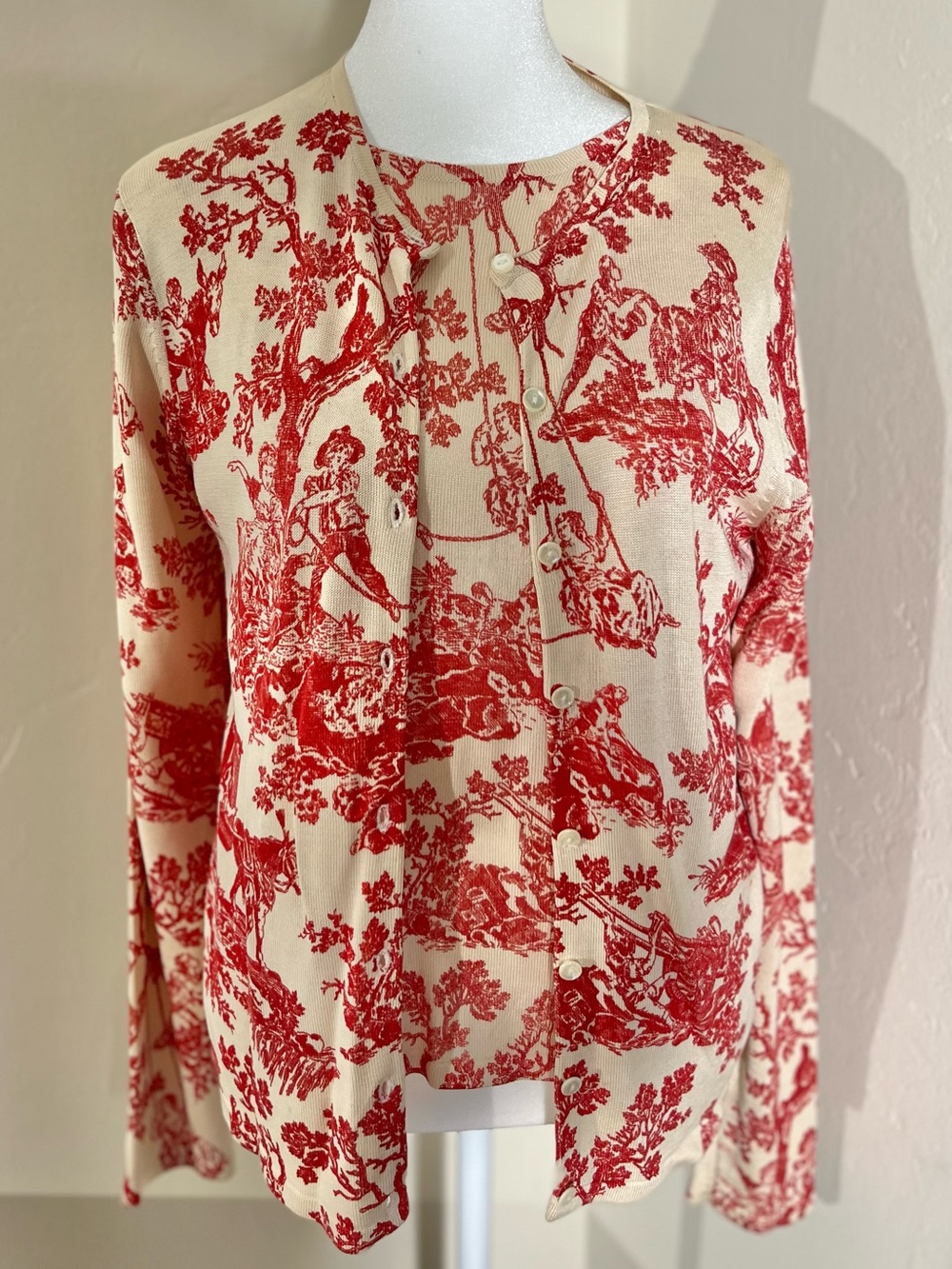 Vintage August Silk Red Toile Short Sleeve Top and Cardigan Victorian SZ M